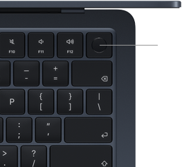 MacBook Air клавиатура, отгоре вдясно, показваща къде точно се намира бутонът Touch ID