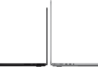 MacBook Pro 14-инчов и 16-инчов, разположени гръб до гръб, показващи разлика в размера и подчертаващи тесния профил