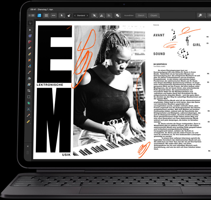 iPad Pro, Vorderansicht, Querformat, Farbe Space Schwarz, befestigt am Magic Keyboard, geöffnet, Vorderansicht, Querformat, Farbe Schwarz, iPad Pro Display, auf dem ein Artikel bearbeitet wird