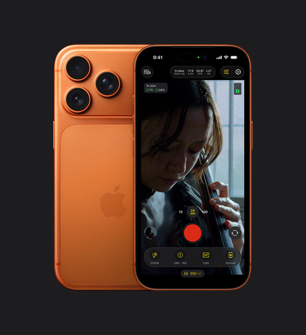 Pantalla del iPhone 17 Pro que muestra el formato ProRes RAW al grabar a una mujer tocando el violín