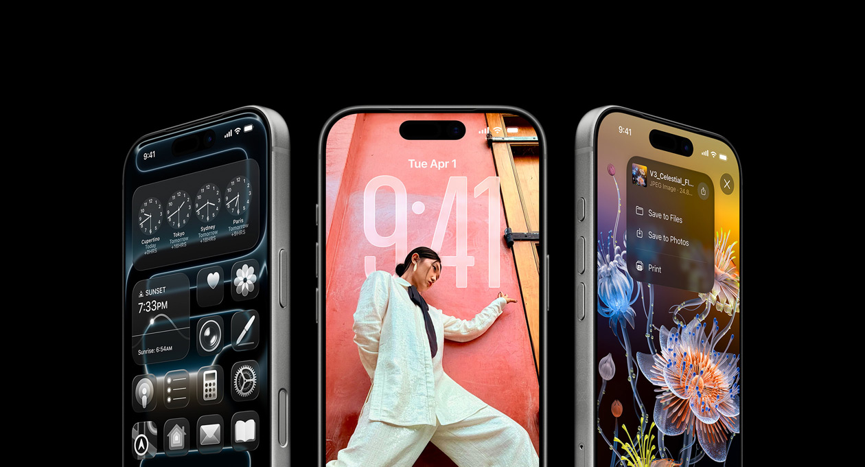Kolme iPhone 17 Pro ‑mallia, etupuolet, vierekkäin, esittelyssä Maailmankello-appi, iOS 26:n lukittu näyttö ja tallentaminen Muistiinpanot-apin muistiinpanoista.