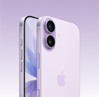 „iPhone 17“, levandų spalvos, priekis, galinė pusė iš kampo, „Dual Fusion“ kamerų sistema viršutiniame kairiajame kampe, kameros valdymo mygtukas, priekis su visą ekraną užimančiu dizainu, veiksmo, garsumo ir šoniniai mygtukai