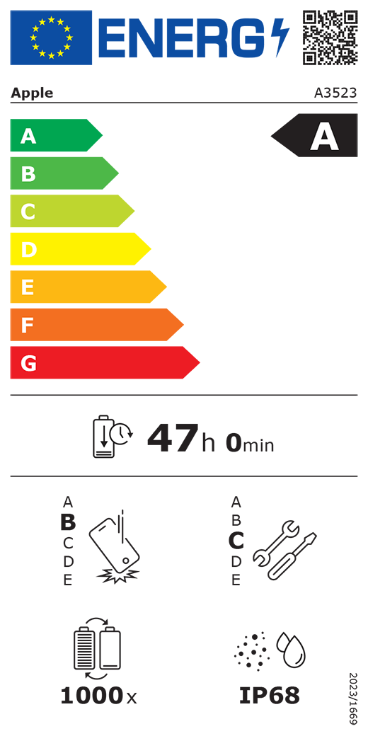 Etykieta energetyczna UE, kod QR i informacje, model Apple A3523, klasa A, klasy efektywności energetycznej (w skali od A do G), od A (najwyższa efektywność) do G (najniższa efektywność), trwałość baterii na cykl, 47 godzin i 0 minut na pełne naładowanie baterii, wytrzymałość na spadki swobodne wielokrotne klasy B, od A (największa solidność) do E (najmniejsza solidność), możliwość naprawy klasy C, od A (największa możliwość naprawy) do E (najmniejsza możliwość naprawy), trwałość baterii w cyklach 1000, ochrona przed wnikaniem pyłu i wody (IP) klasy IP68, rozporządzenie 2023/1669