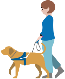 Una persona con baja visión usa unos AirPods mientras camina con un perro guía