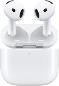 AirPods 4 充電盒打開，展示懸浮在上方的 AirPods。