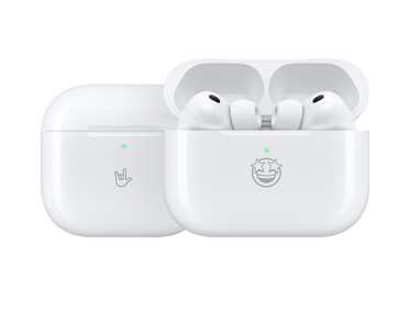 Produtos Apple com gravação personalizada: Caixa de carregamento MagSafe (USB-C) com gravação na parte frontal: emoji na boa, Caixa de carregamento MagSafe (USB-C), caixa aberta, AirPods Pro 3, gravação na parte frontal: emoji fascinado