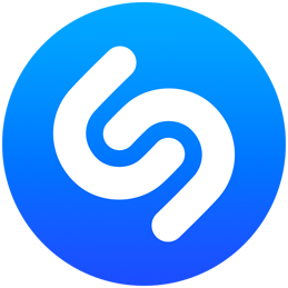 Rundt Shazam-logo i blå og hvid med koncentriske cirkler, der stråler ud fra logoet