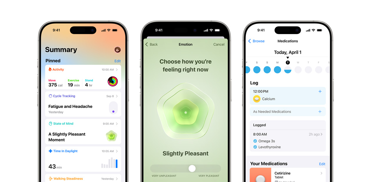 Appleのヘルスケアアプリが表示されている3台のiPhone