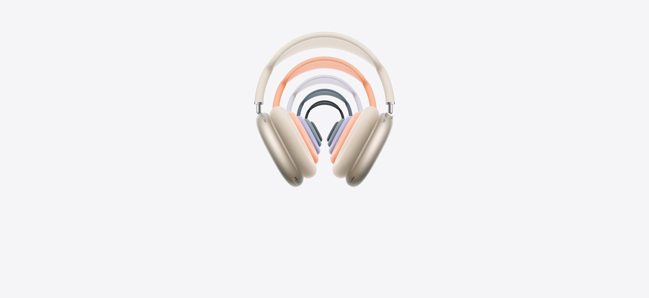 Naglavne slušalice AirPods Max 2, prikaz sprijeda, nanizane jedne iza drugih, u različitim bojama, mrežasta obloga i jastučići od pjene, Digital Crown i tipka za odabir moda slušanja.
