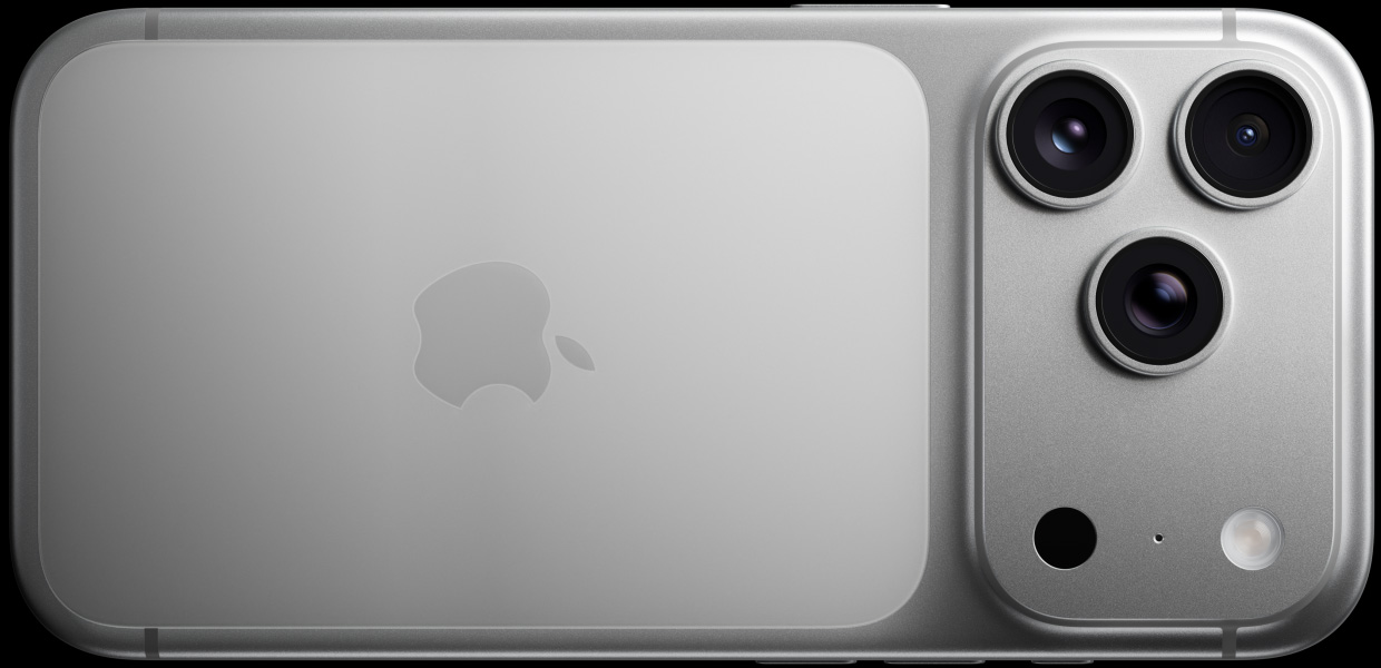 iPhone 17 Pro, stříbrný, pohled zezadu, profesionální fotosoustava, 3 objektivy, mikrofon, blesk