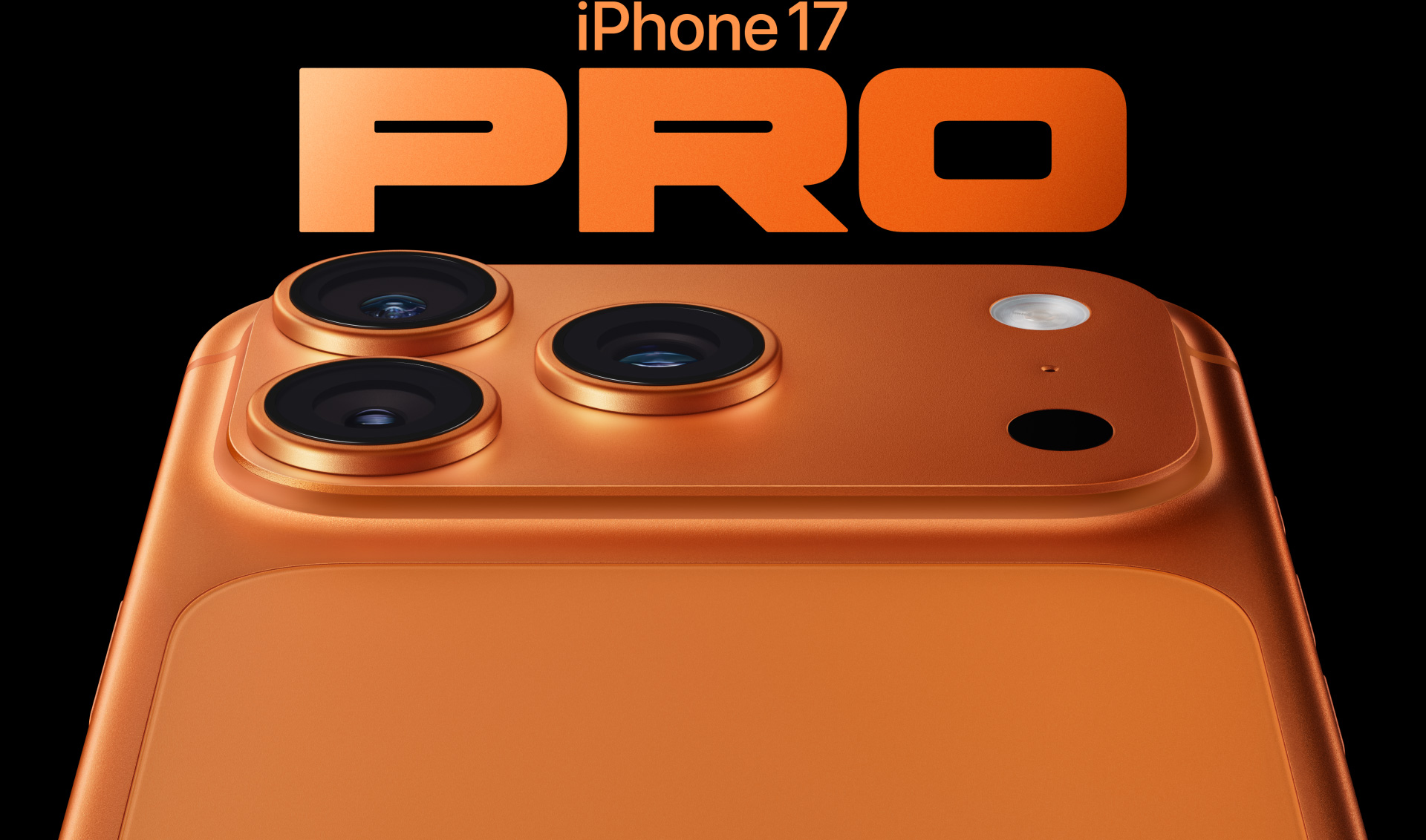 iPhone 17 Pro, kosmicky oranžový, částečný pohled zezadu, profesionální fotosoustava v levém horním rohu, 3 objektivy, mikrofon, blesk