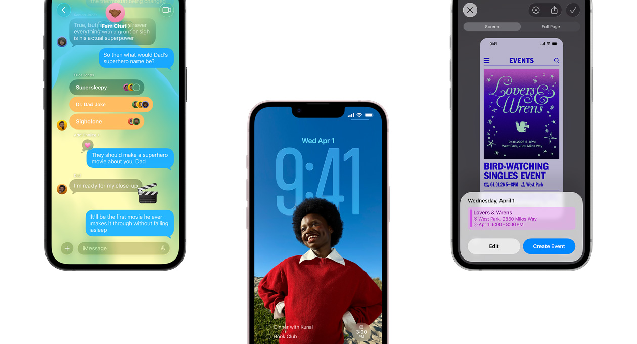 Tre iPhone 17e-enheter vist forfra, med henholdsvis Meldinger-appen med Liquid Glass-design, dynamisk låst skjerm og skjermbildefunksjonen, som brukes på en åpen Kalender-hendelse.