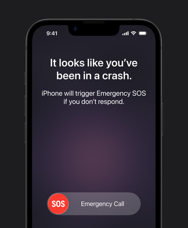 En iPhone 17e vises forfra. Skjermen viser at Kollisjonsregistrering-funksjonen er i bruk.