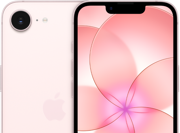 En iPhone 17e i fargen myk rosa vises delvis bakfra for å vise frem kameraet.