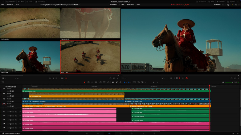 Studio Displayllä ja Mac Studiossa on auki DaVinci Resolve Studio, jossa editoidaan monikameravideota